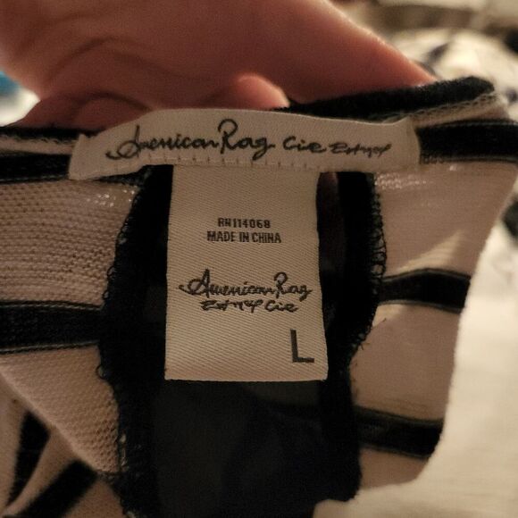 American Rag Women's Size Large Black White Striped Back Sheer Panel Top - Picture 6 of 7